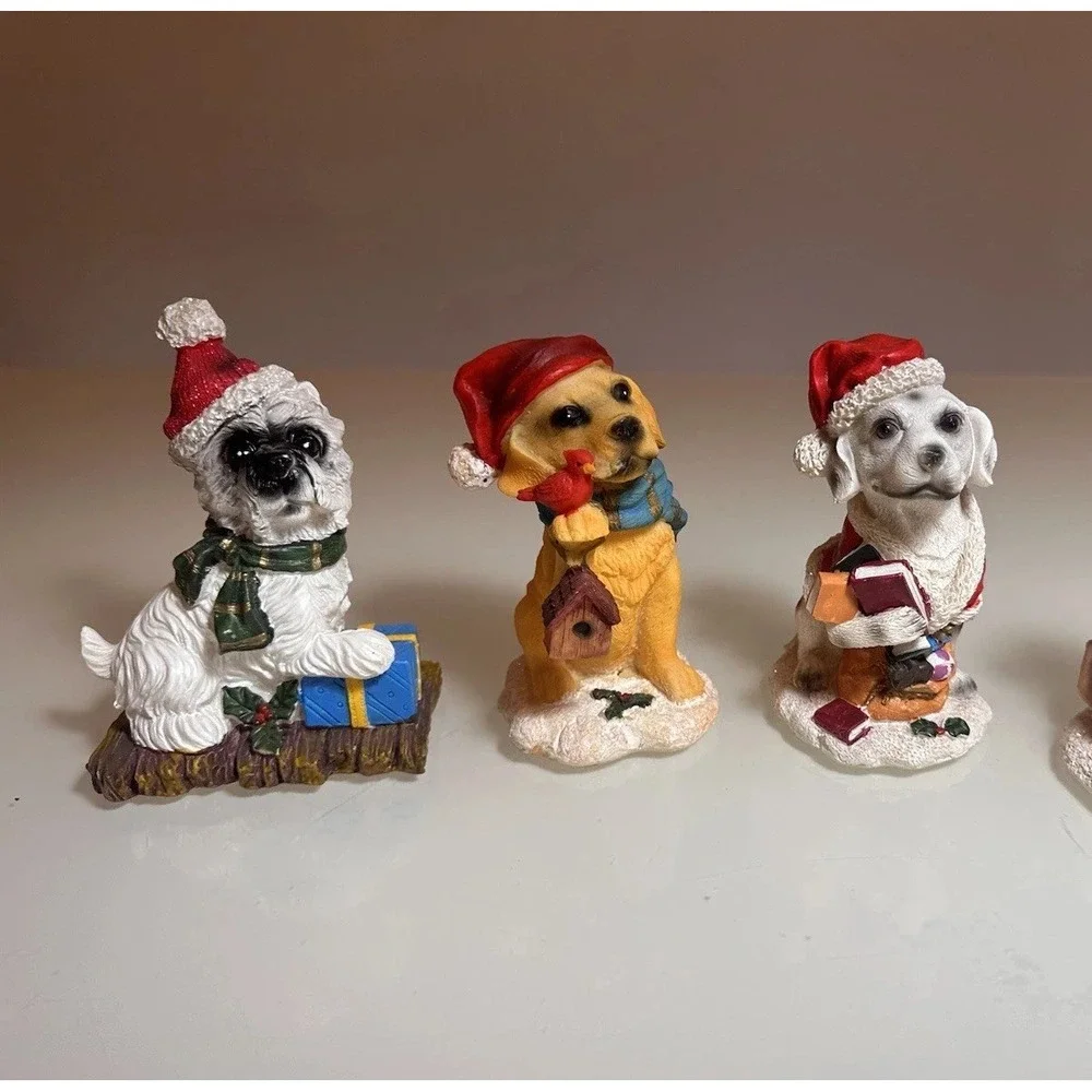 VTG Set Of 3 Christmas Dog Santa Hat Figurines Holiday Decor 5